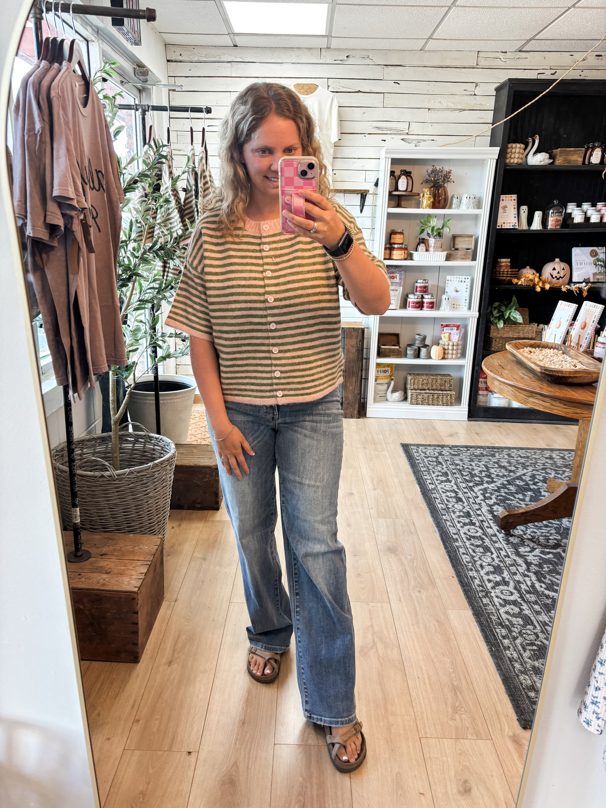 Rose Olive Stripe Short Sleeve Sweater Cardigan Top