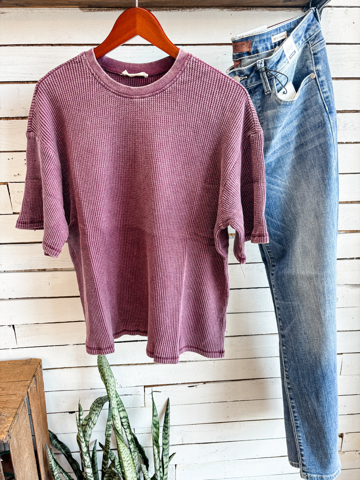Dark Cherry Acid Wash Waffle Knit Top