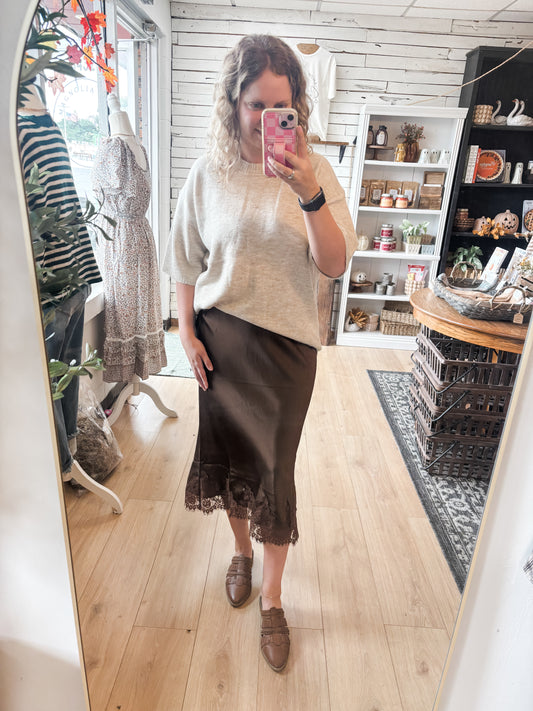 Brown Satin Lace Hem Slip On Pencil Skirt