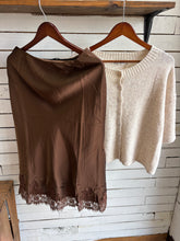 Load image into Gallery viewer, Brown Satin Lace Hem Slip On Pencil Skirt