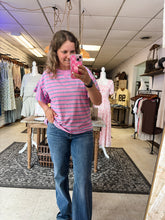 Load image into Gallery viewer, Purple & Denim Stripe Flutter Sleeve Top