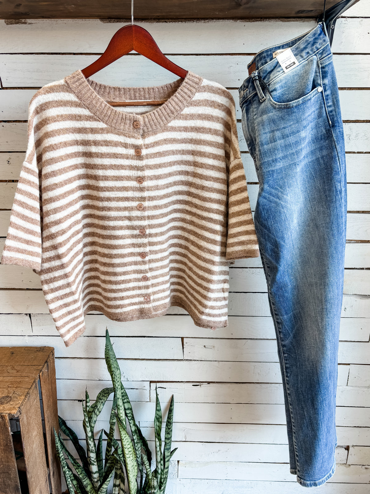 Mocha Stripe Short Sleeve Sweater Cardigan Top