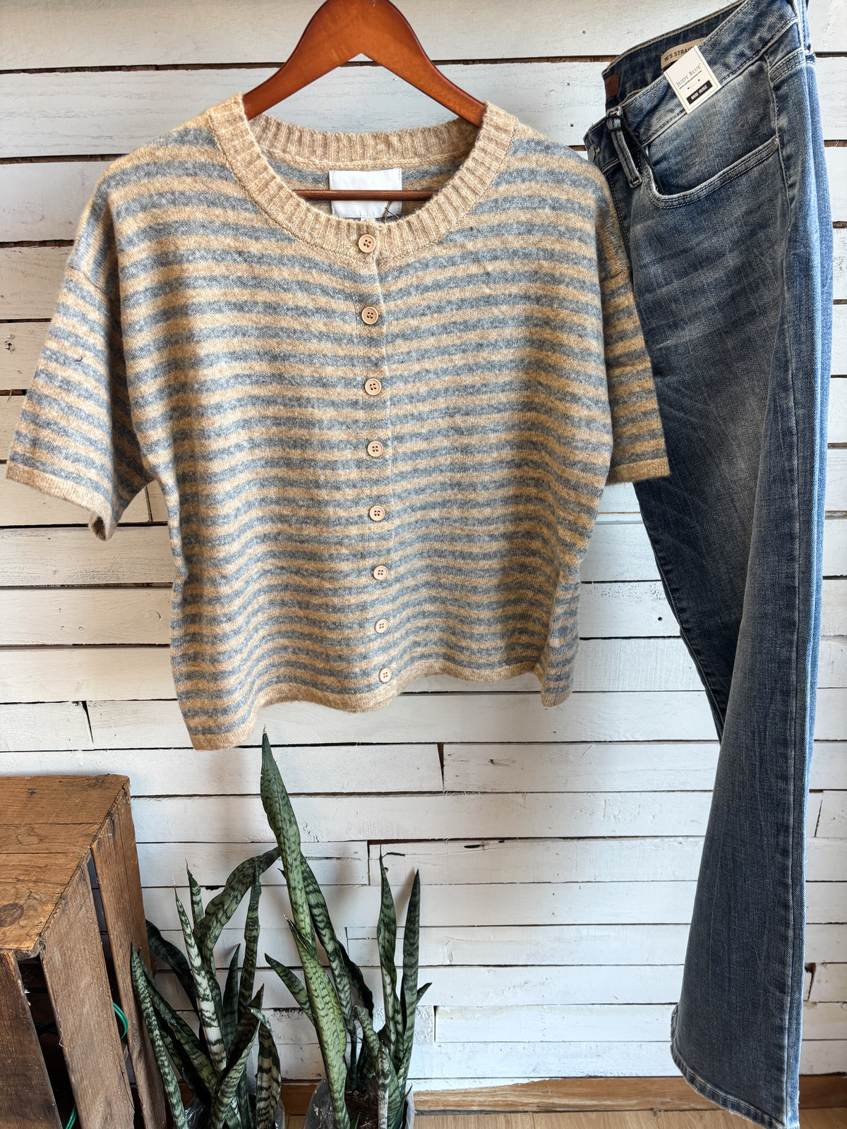 Taupe Grey Stripe Short Sleeve Sweater Cardigan Top