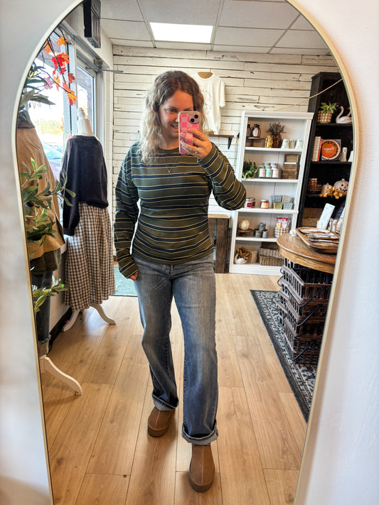Olive & Navy Stripe Long Sleeve Top
