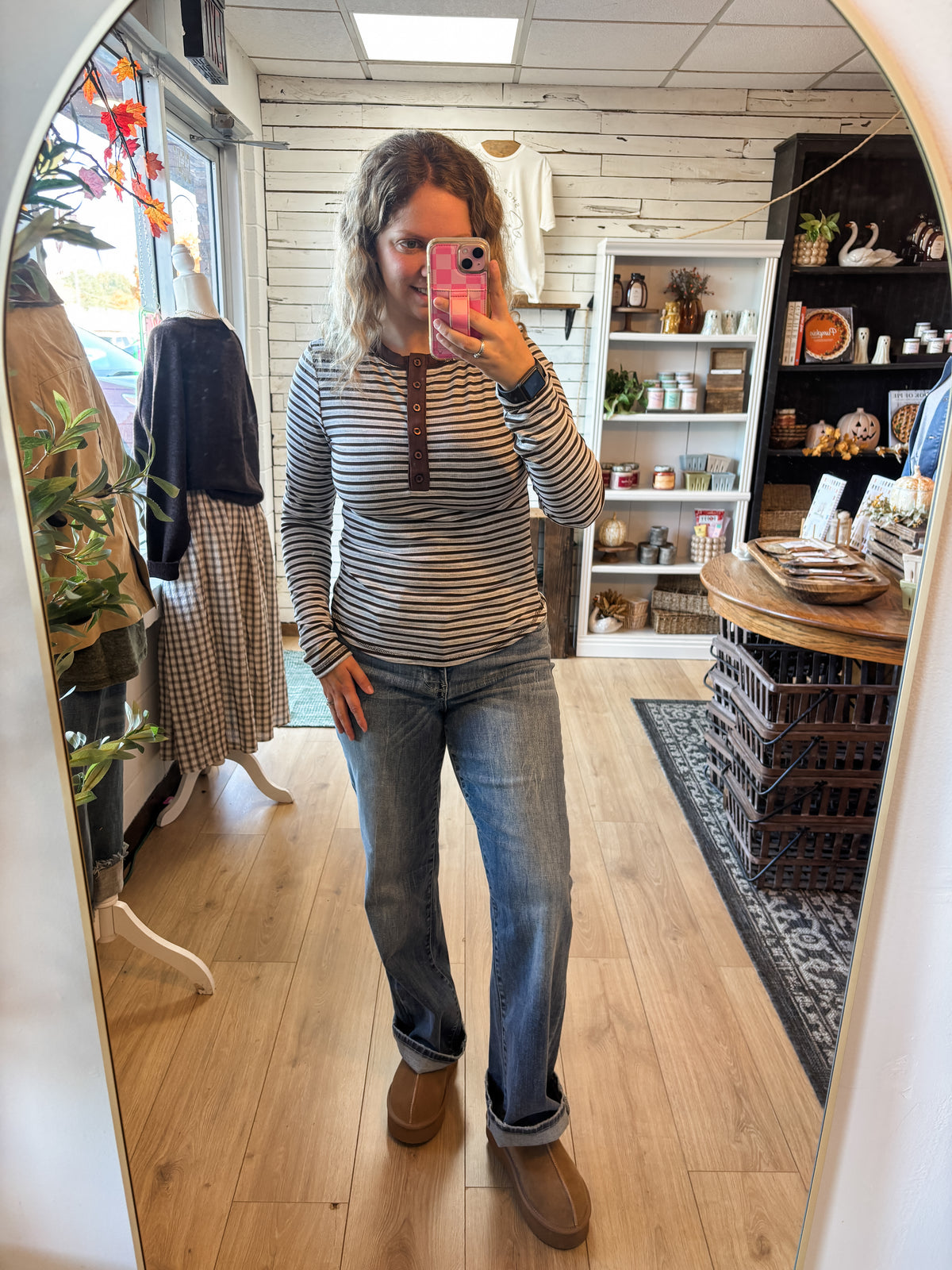 Brown & Heather Grey Henley Long Sleeve Top