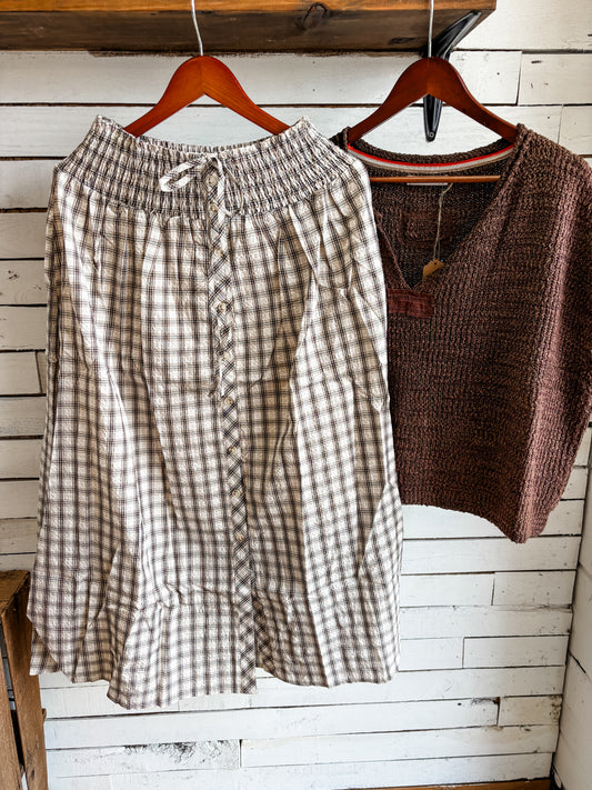 Plaid Smocked Waist Midi Skirt