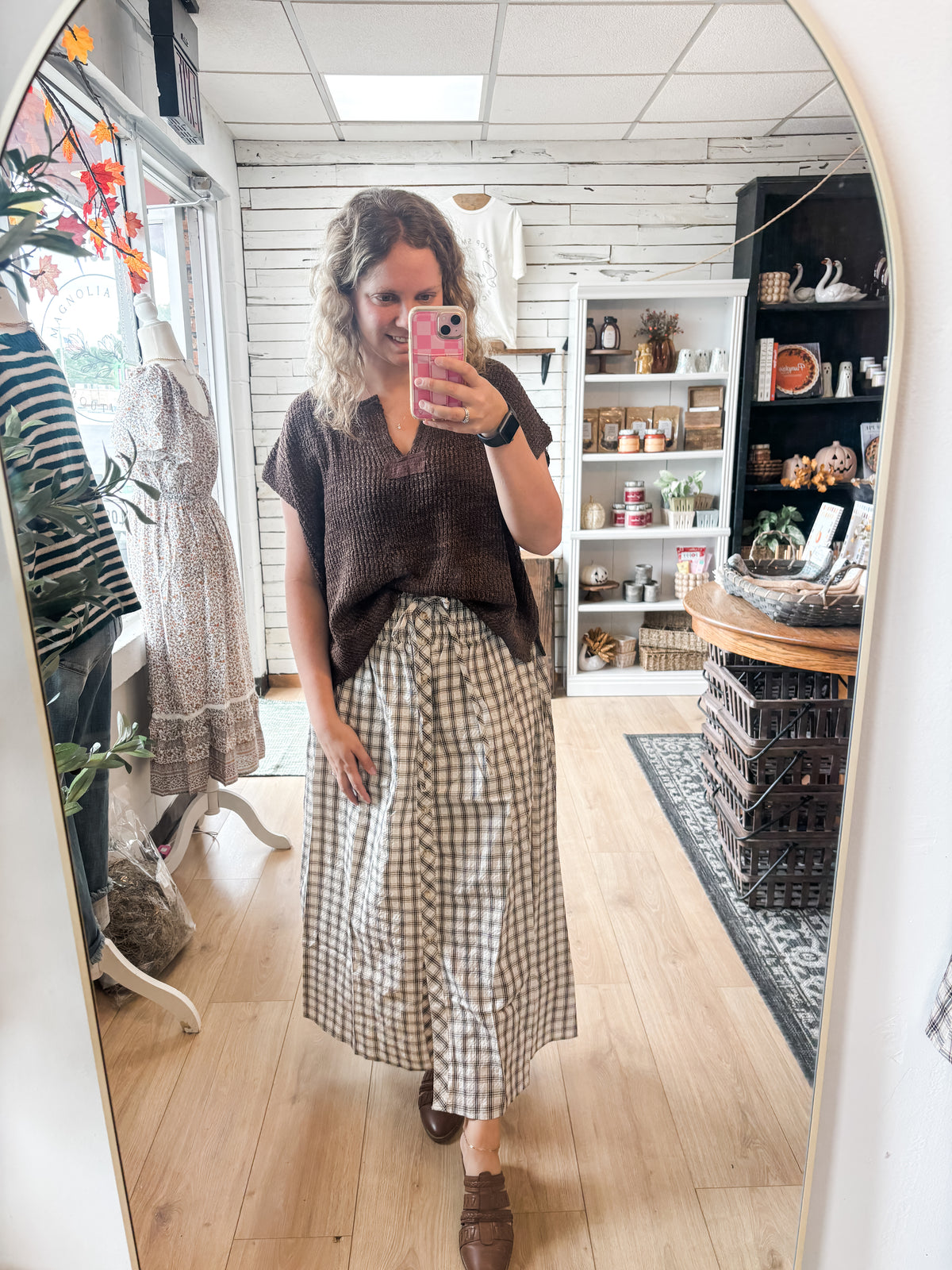 Plaid Smocked Waist Midi Skirt