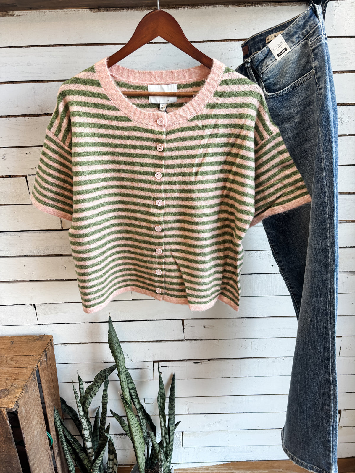 Rose Olive Stripe Short Sleeve Sweater Cardigan Top