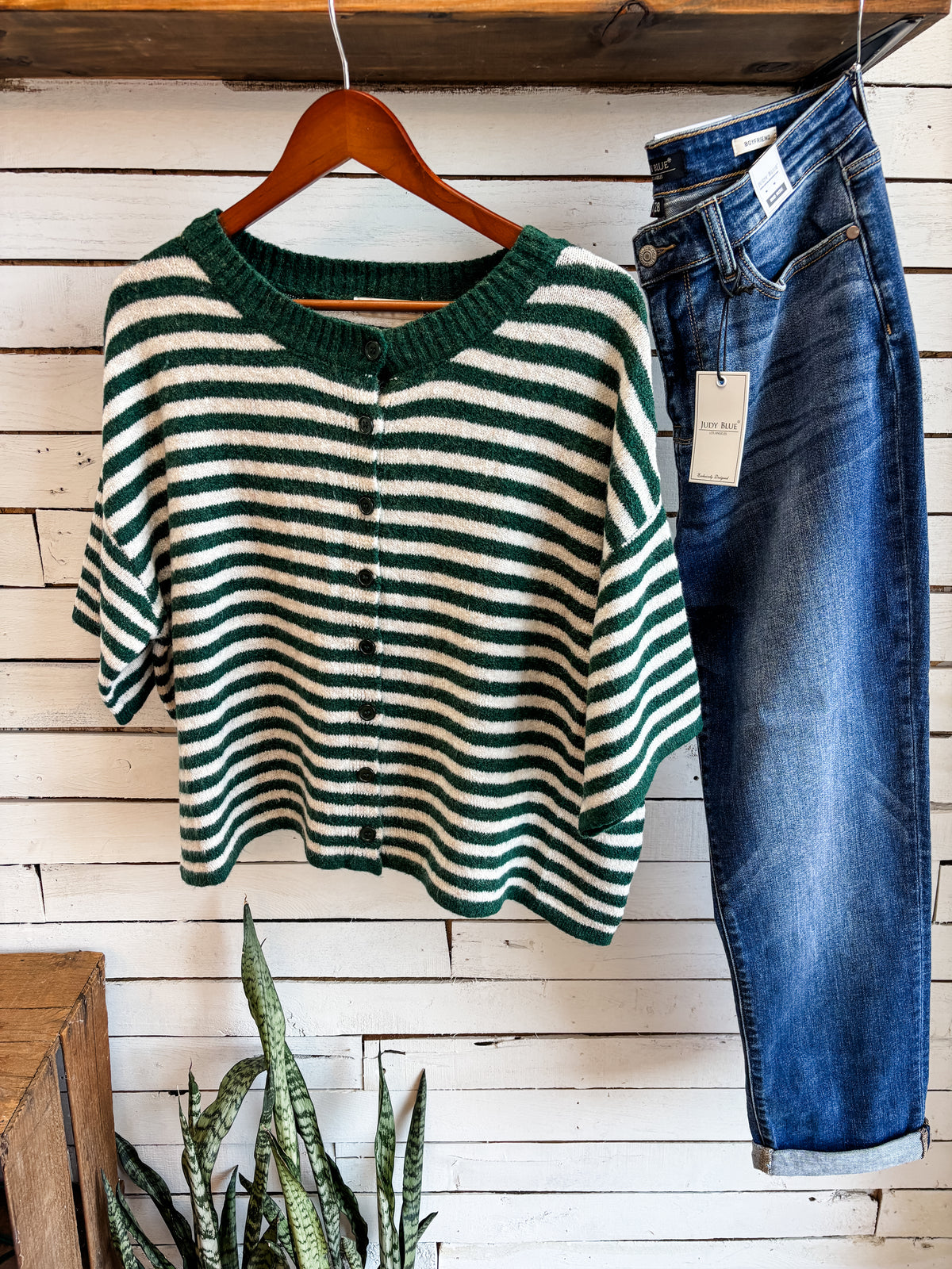 Hunter Green Stripe Short Sleeve Cardigan Sweater Top