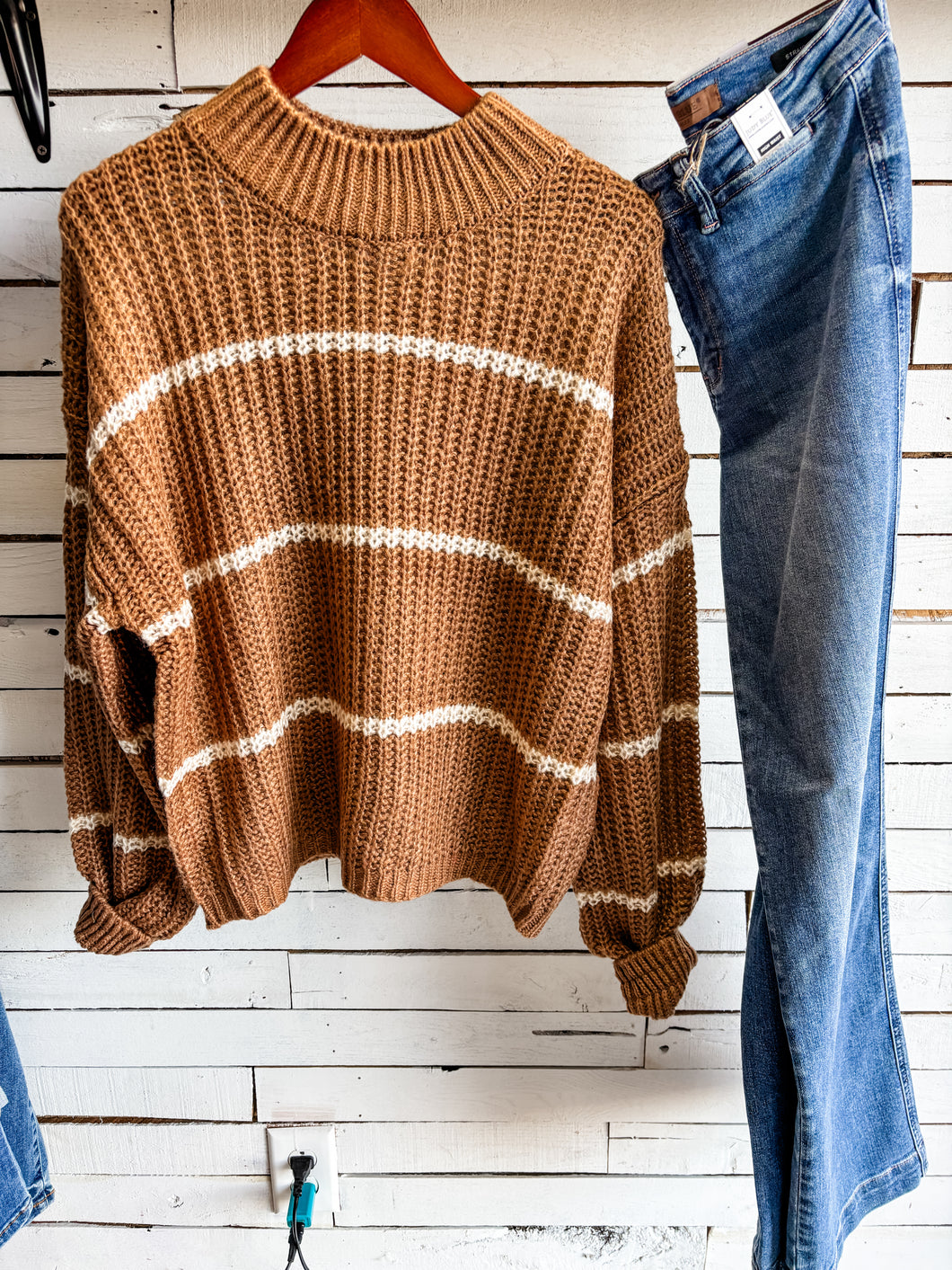 Deep Camel Chunky Knit Striped Sweater