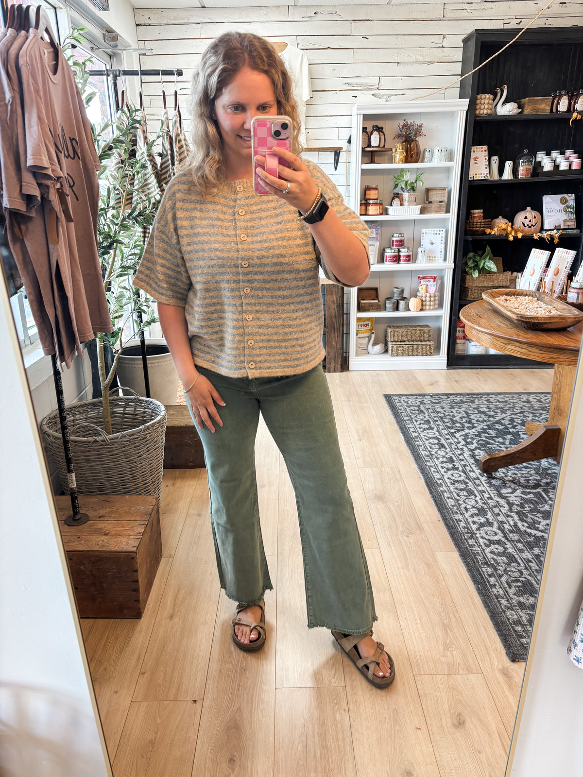 Taupe Grey Stripe Short Sleeve Sweater Cardigan Top