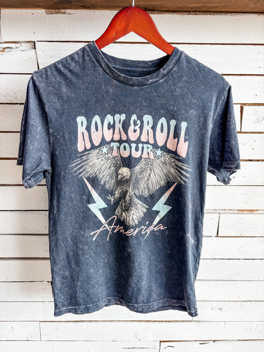 Rock & Roll Black Mineral Wash Graphic T-Shirt
