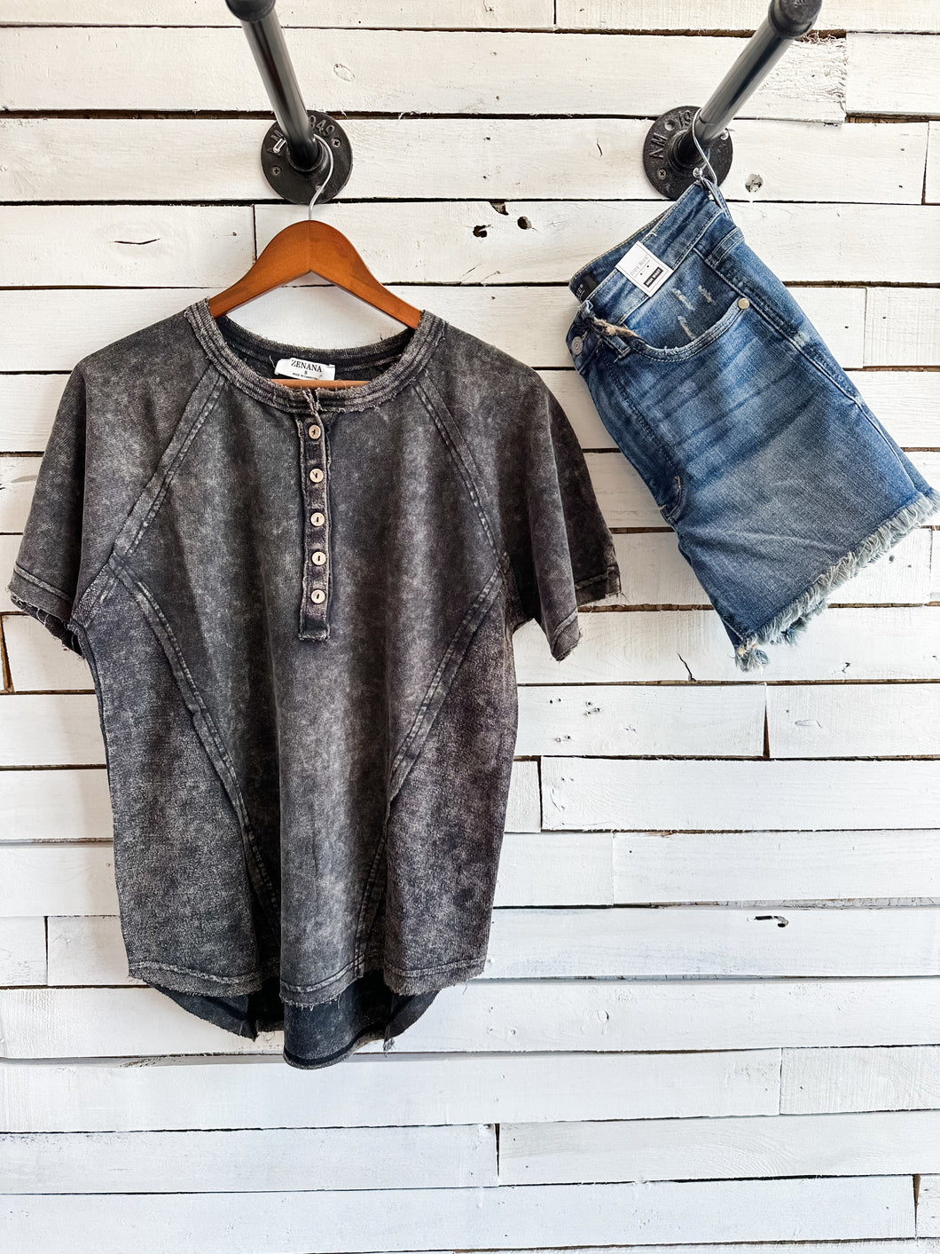 Black Acid Wash Button Seam Detail Top