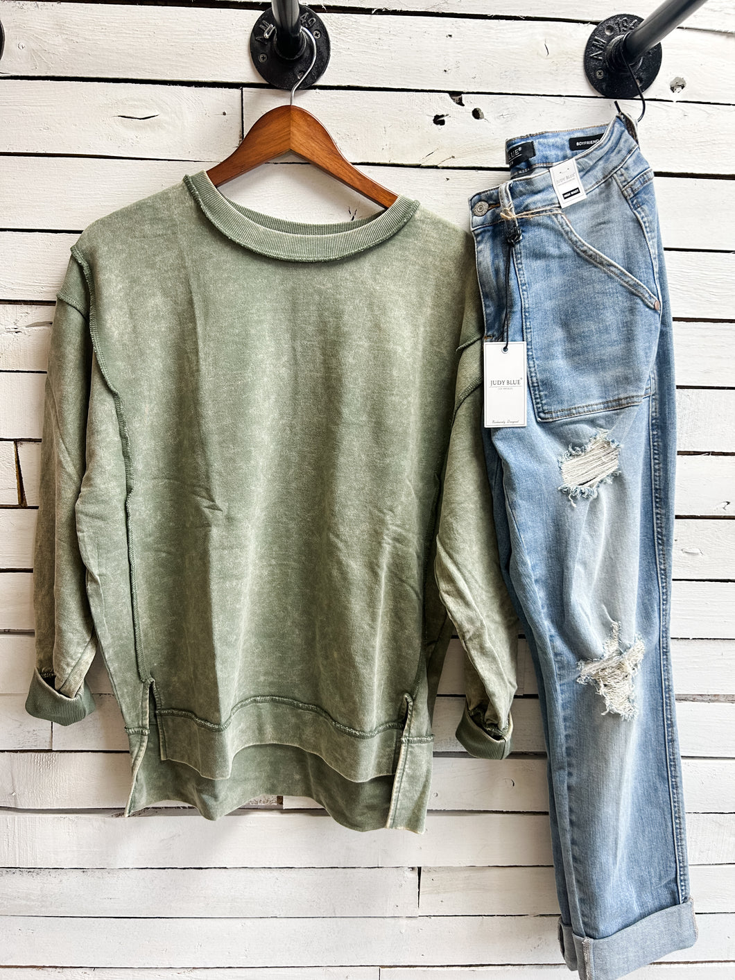 Light Olive Acid Wash Pullover