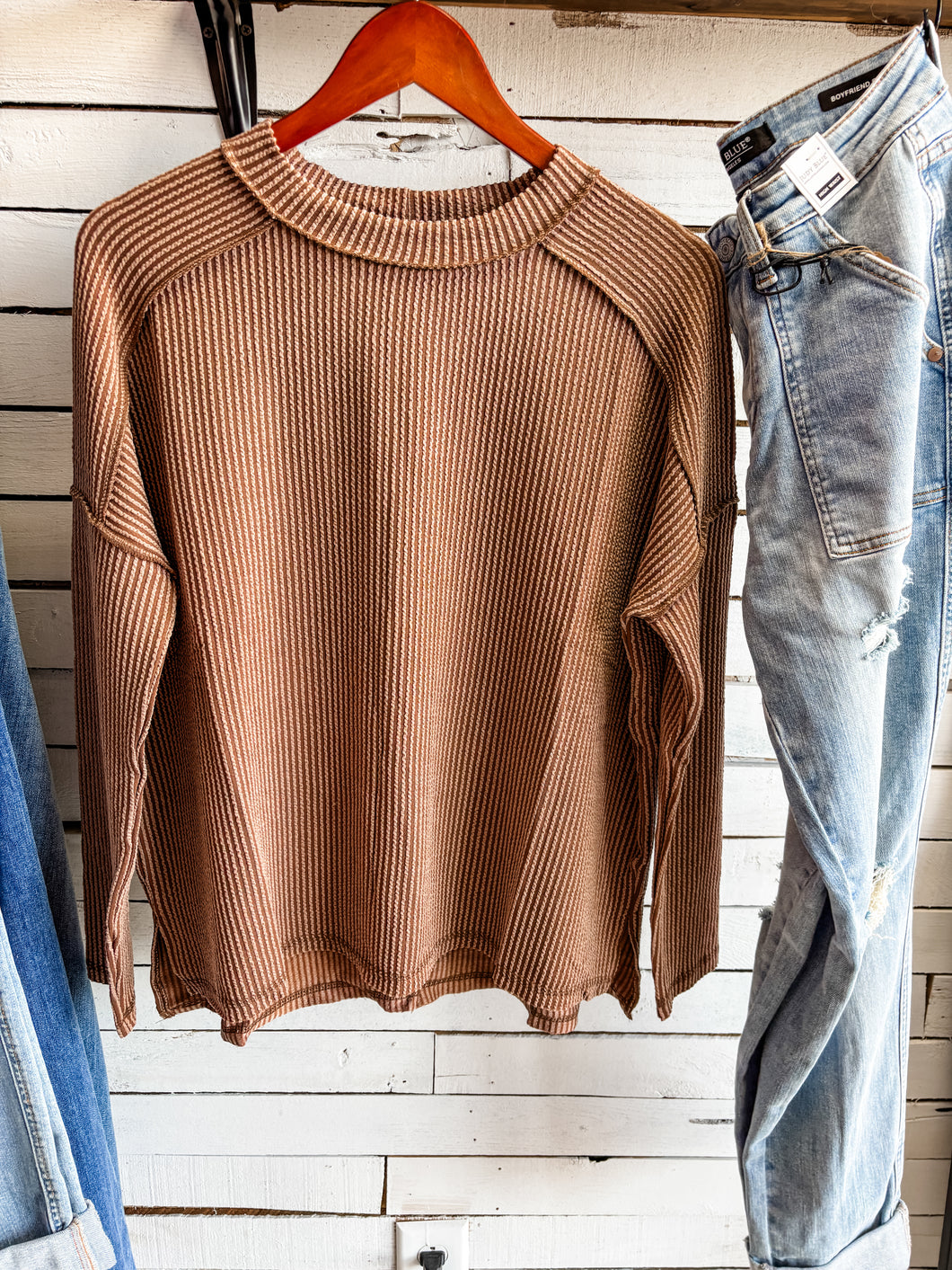 Brown Ribbed Detail Top