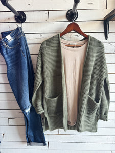 Light Olive Waffle Knit Cardigan