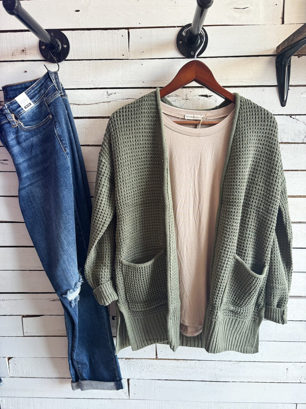 Light Olive Waffle Knit Cardigan