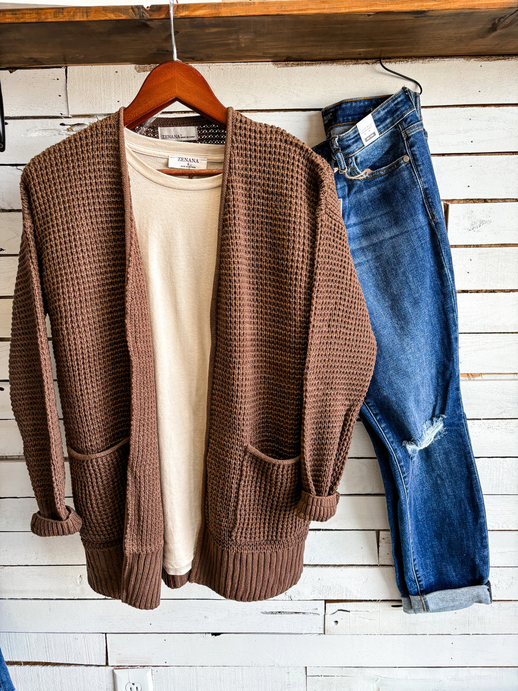 Brown Waffle Knit Cardigan