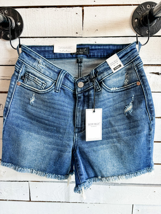 Lilly Judy Blue Frayed Hem High Rise Shorts