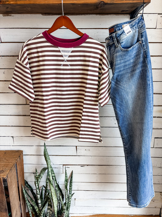 Brown Stripe Burgundy Collar Top