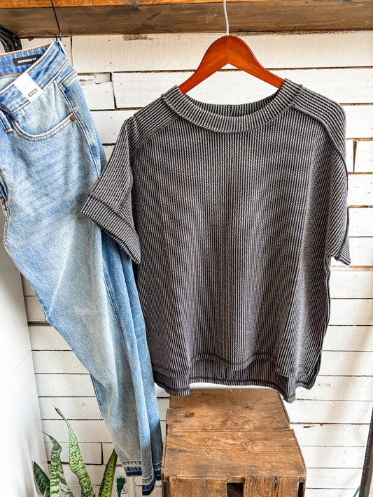 Charcoal Ribbed Hem Detail Top