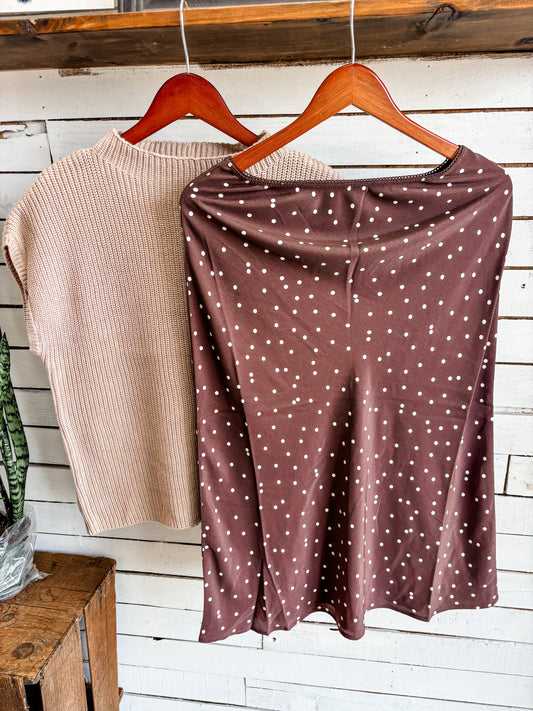 Chocolate Brown Polka Dot Midi Skirt