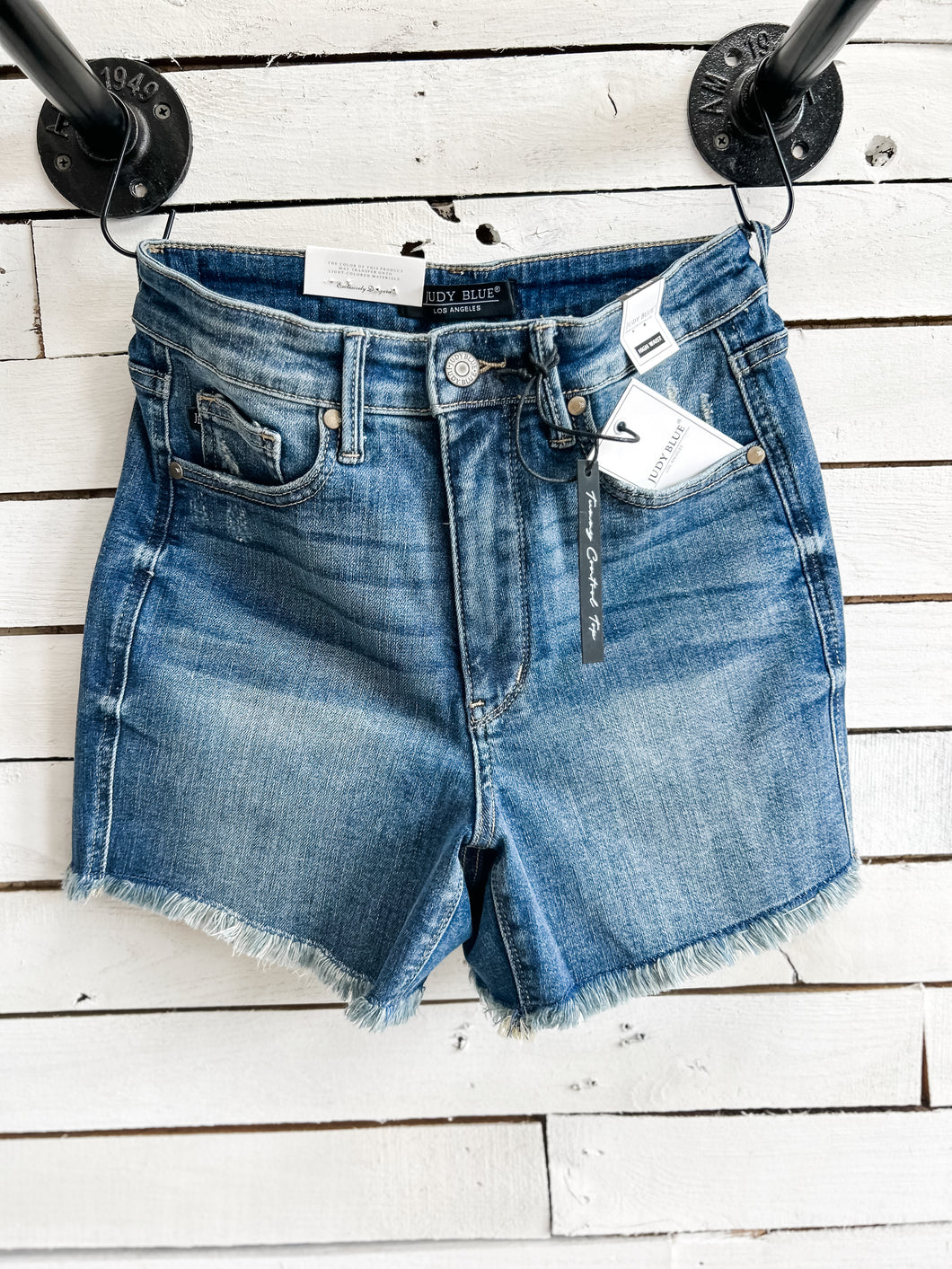 Lisa Judy Blue High Waist Frayed Hem Shorts with tummy control