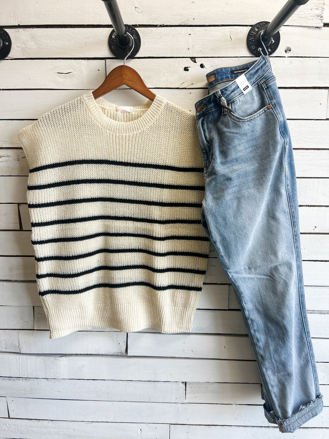 Ivory Black Stripe Sweater Knit Top