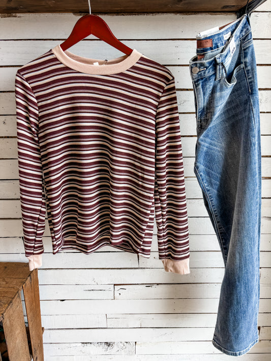 Brown Multi Color Stripe Long Sleeve Top