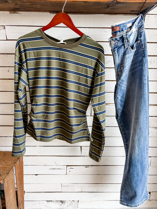 Olive & Navy Stripe Long Sleeve Top