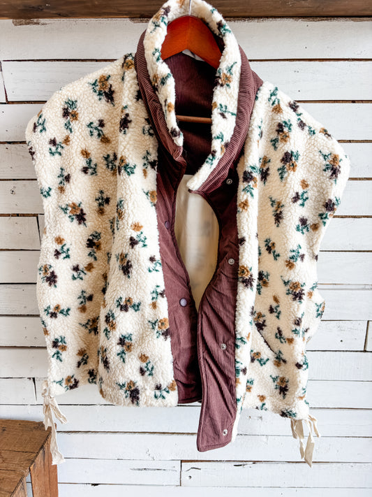 Brown Floral Sherpa Vest