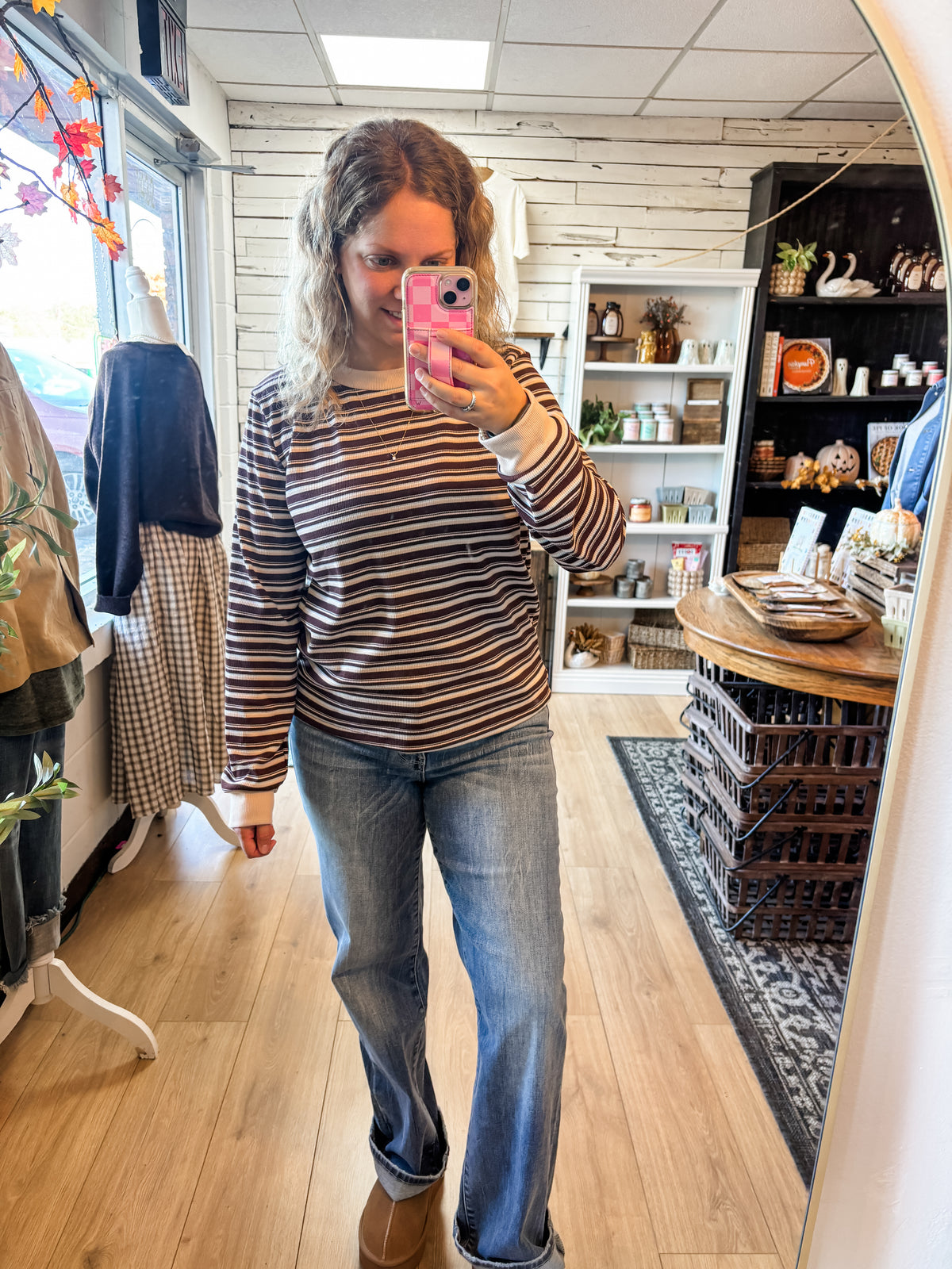 Brown Multi Color Stripe Long Sleeve Top